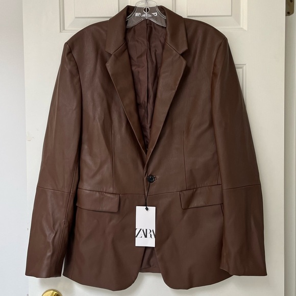 NWT ZARA Faux Leather Blazer M Chocolate Brown Blogger Favourite - Picture 4 of 16